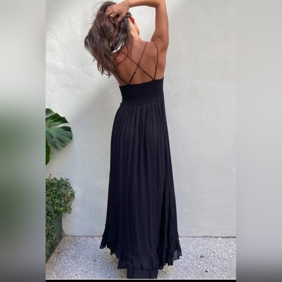Free People L Adella Maxi Slip Floral Lace Long Flowy Dress Criss Cross Back - Picture 4 of 16